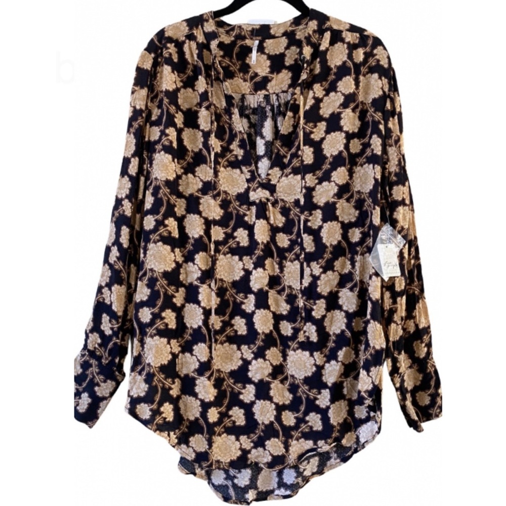NWOT Free People Brown Gold Floral Oversized Tie-Neck Blouse XS